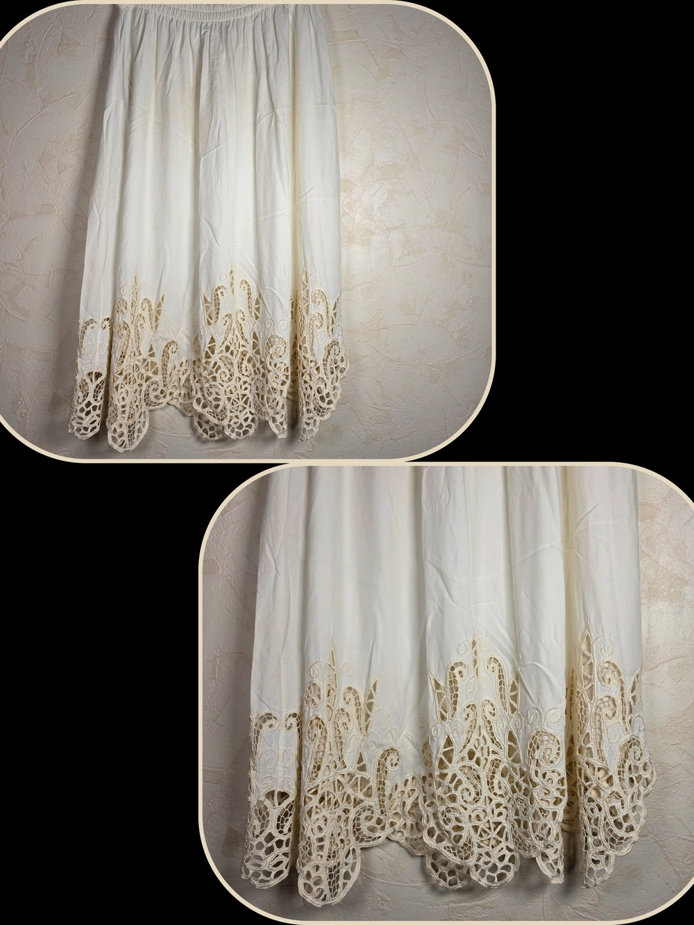 Vtg Bali Emerald White Rayon Cutwork Embroidered Midi Skirt Lace Boho Medium